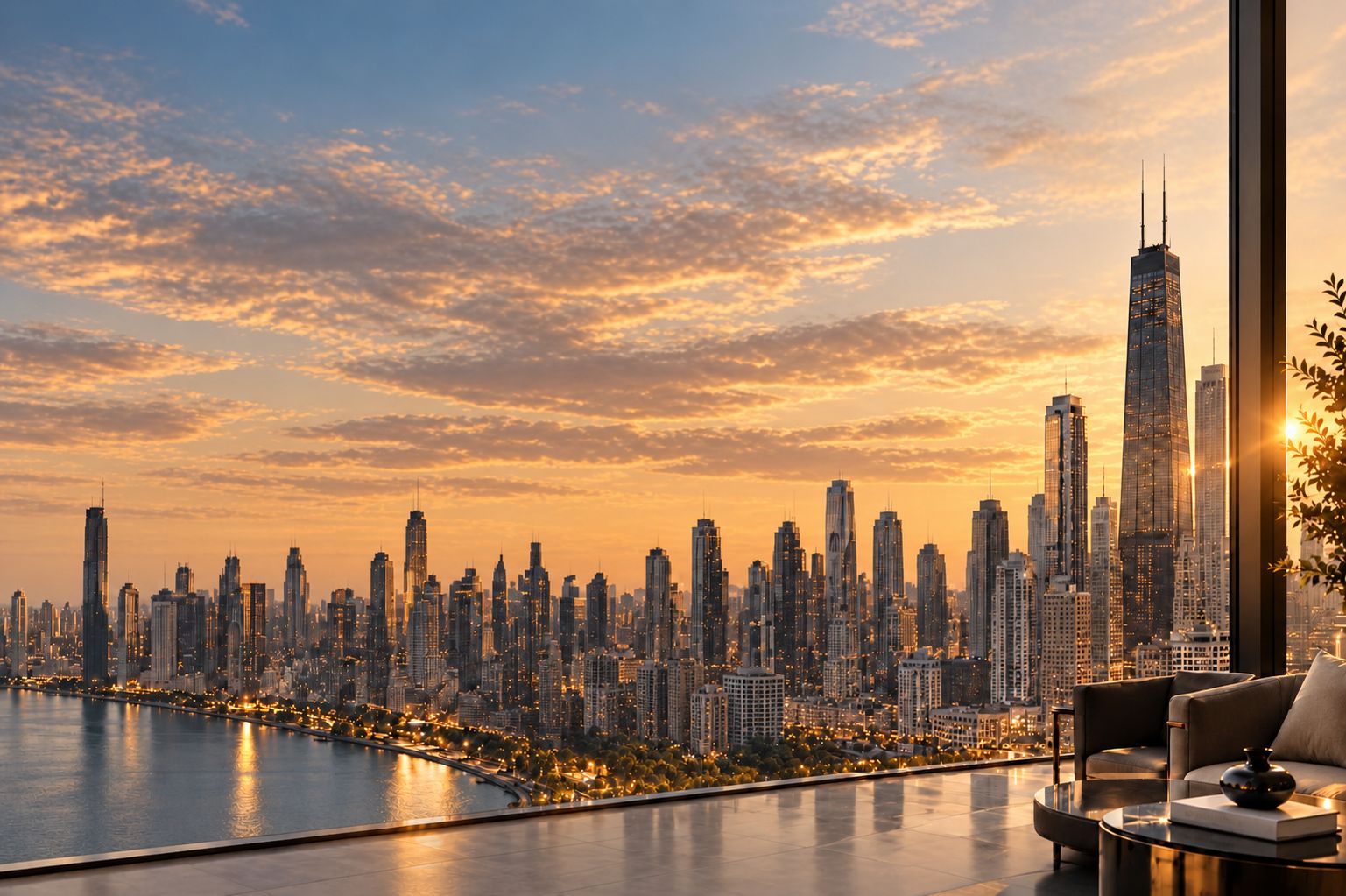 The Chicago skyline at sunset seen from a high-rise penthouse.