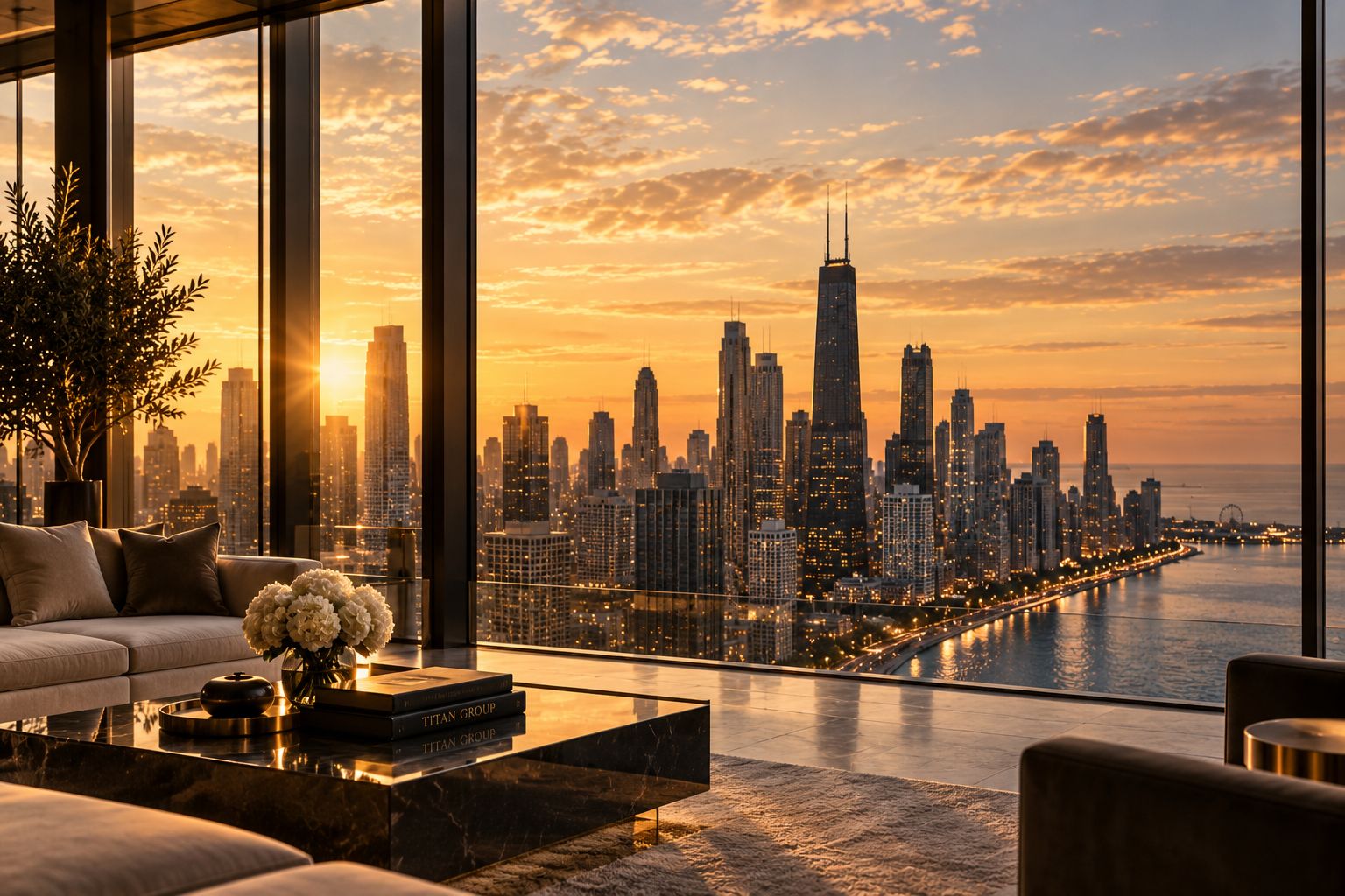 A Chicago penthouse at sunset, Titan Group volumes on the table.