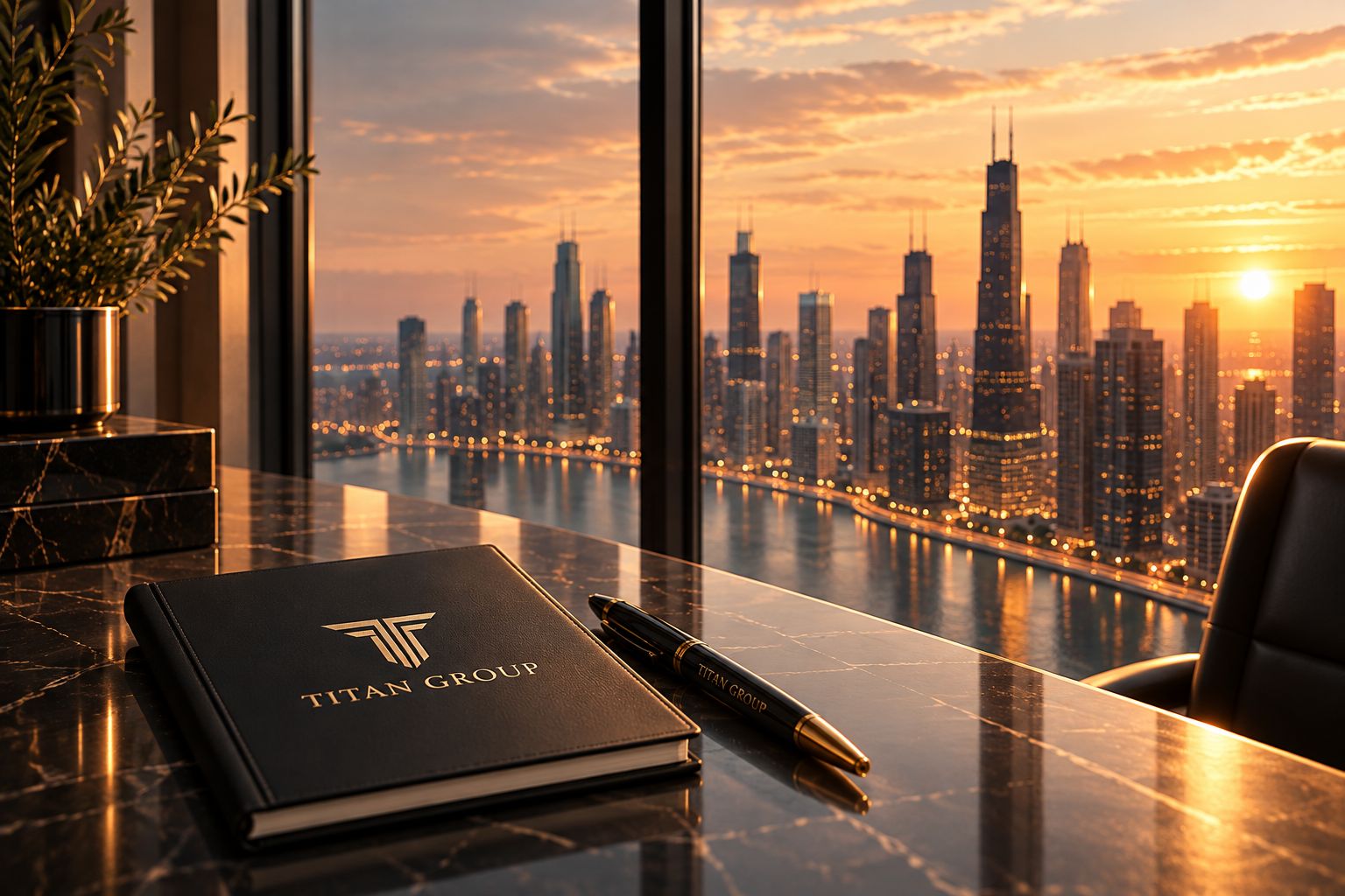 A Titan Group portfolio on a marble desk above the Chicago skyline.